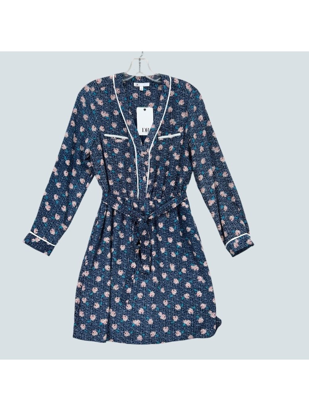 DR2 by Daniel Rainn Floral Faux Wrap Dress XS Blue Pink Long Sleeve Belted